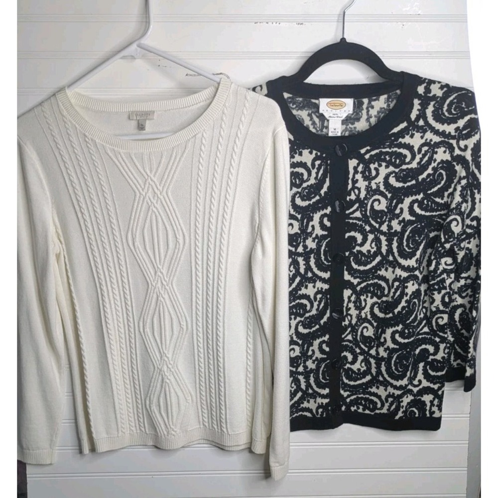 Talbots Womens Sweaters Lot Medium Petite MP White Black Paisley Neutral Career